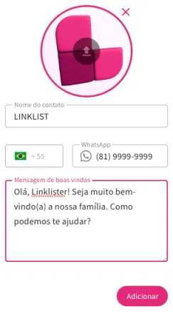 Formulário para adicionar link de WhatsApp.