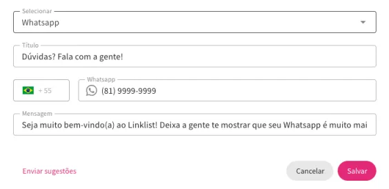 Formulário para adicionar link de WhatsApp.